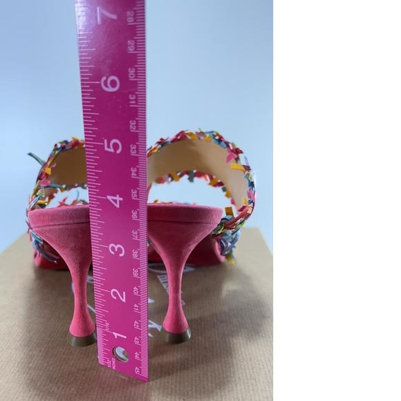 Meroine Pink Rainbow Woven 85mm raffia fringe heels mules D973 - Picture 5 of 11